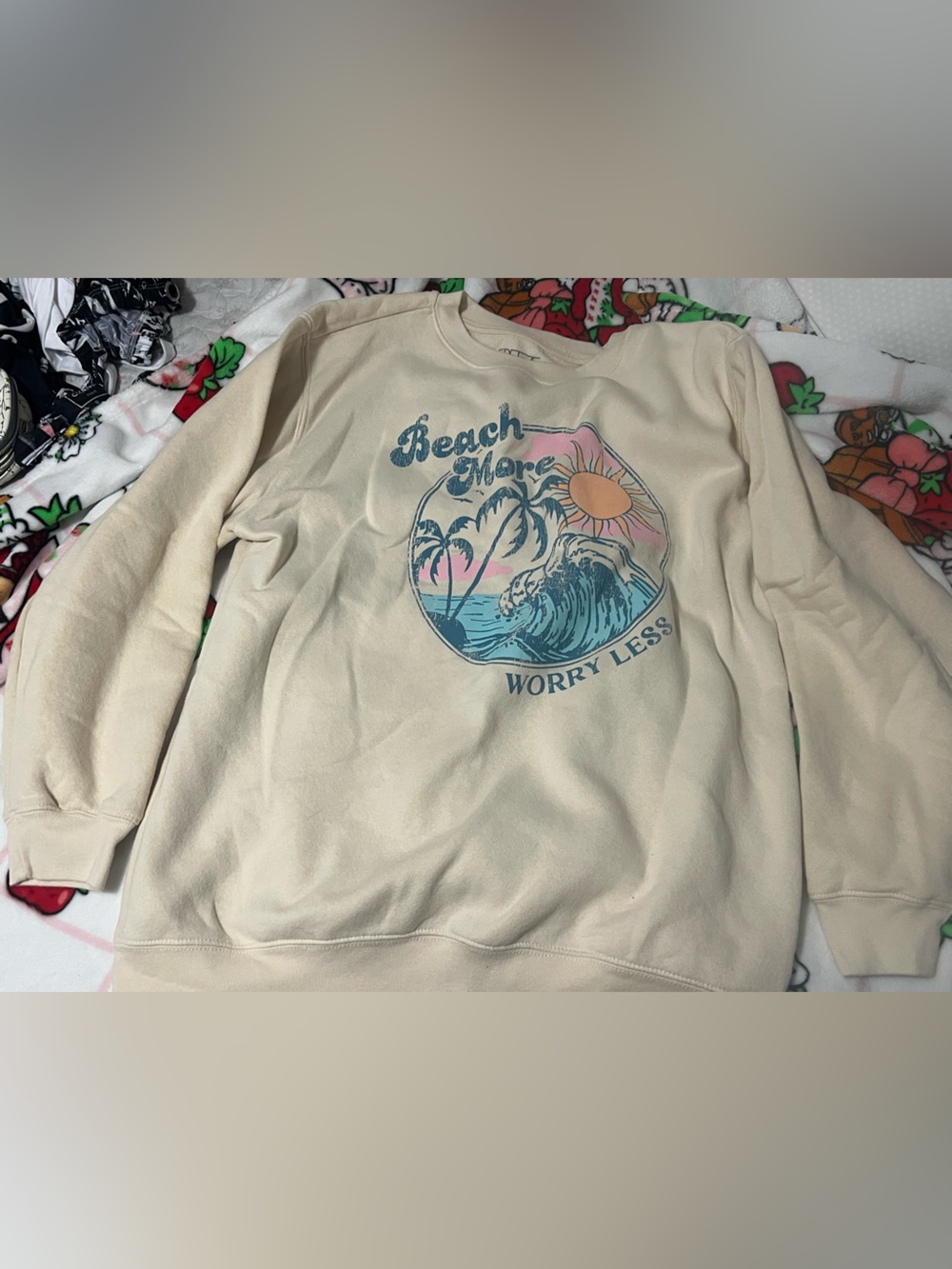"Beach More Worry Less" Crewneck Sweatshirt with Pastel Beach Graphic NWOT
